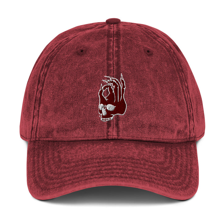 Hellbeing skull vintage burgundy twill hat, front detail