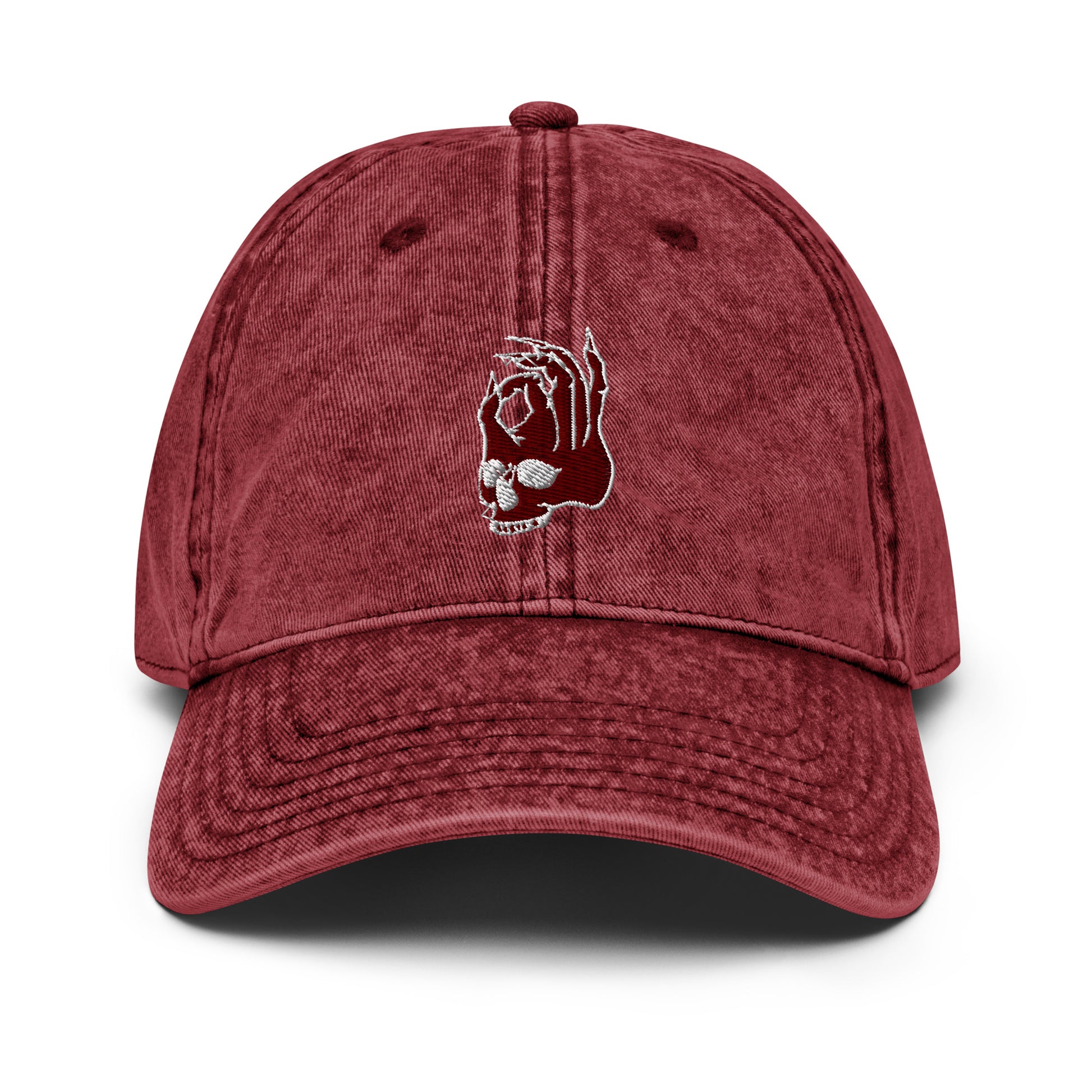 Front view of the Hellbeing skull embroidered vintage burgundy cap
