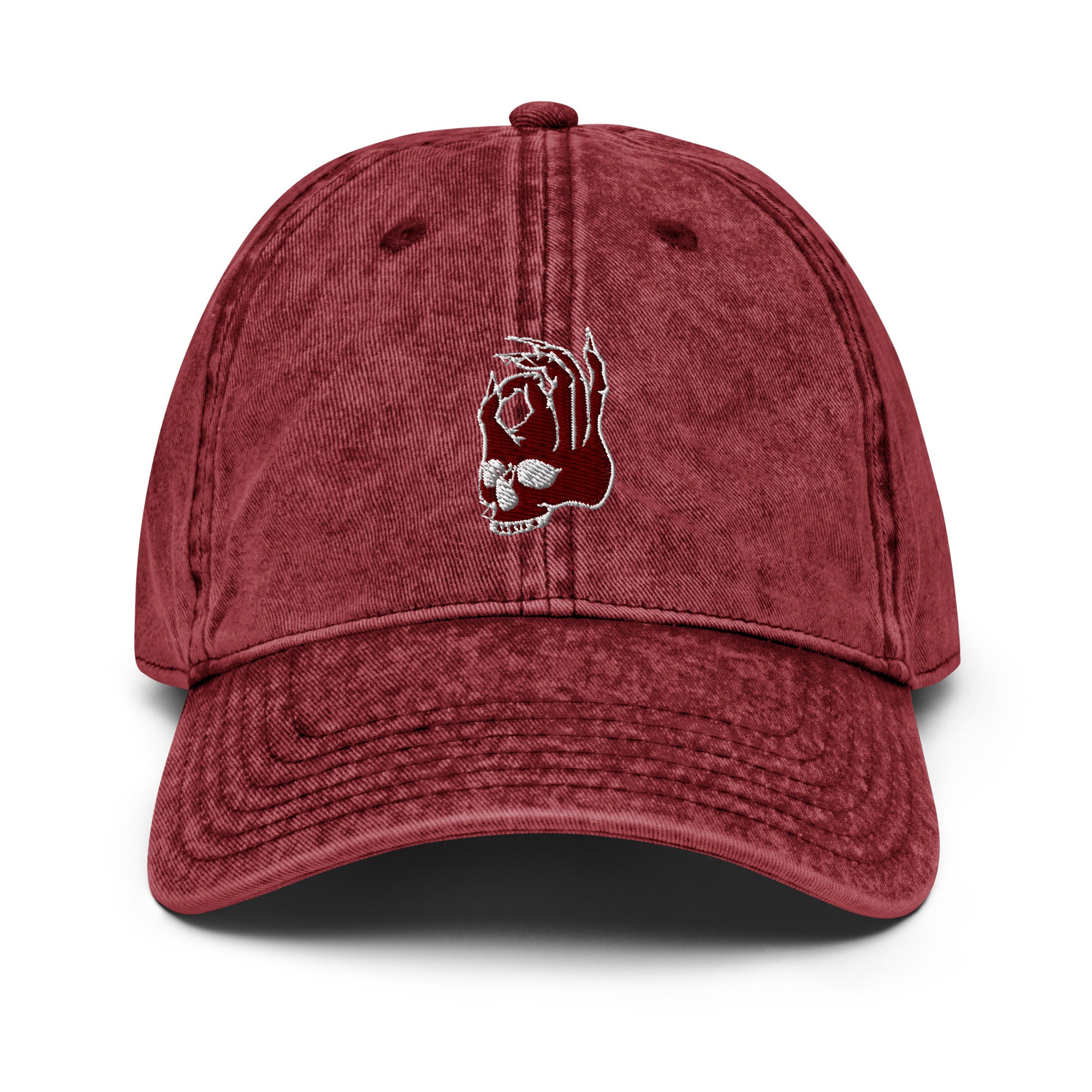 Hellbeing skull vintage burgundy twill hat, front view