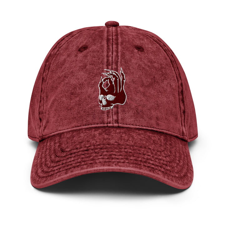 Hellbeing skull vintage burgundy twill hat, front view
