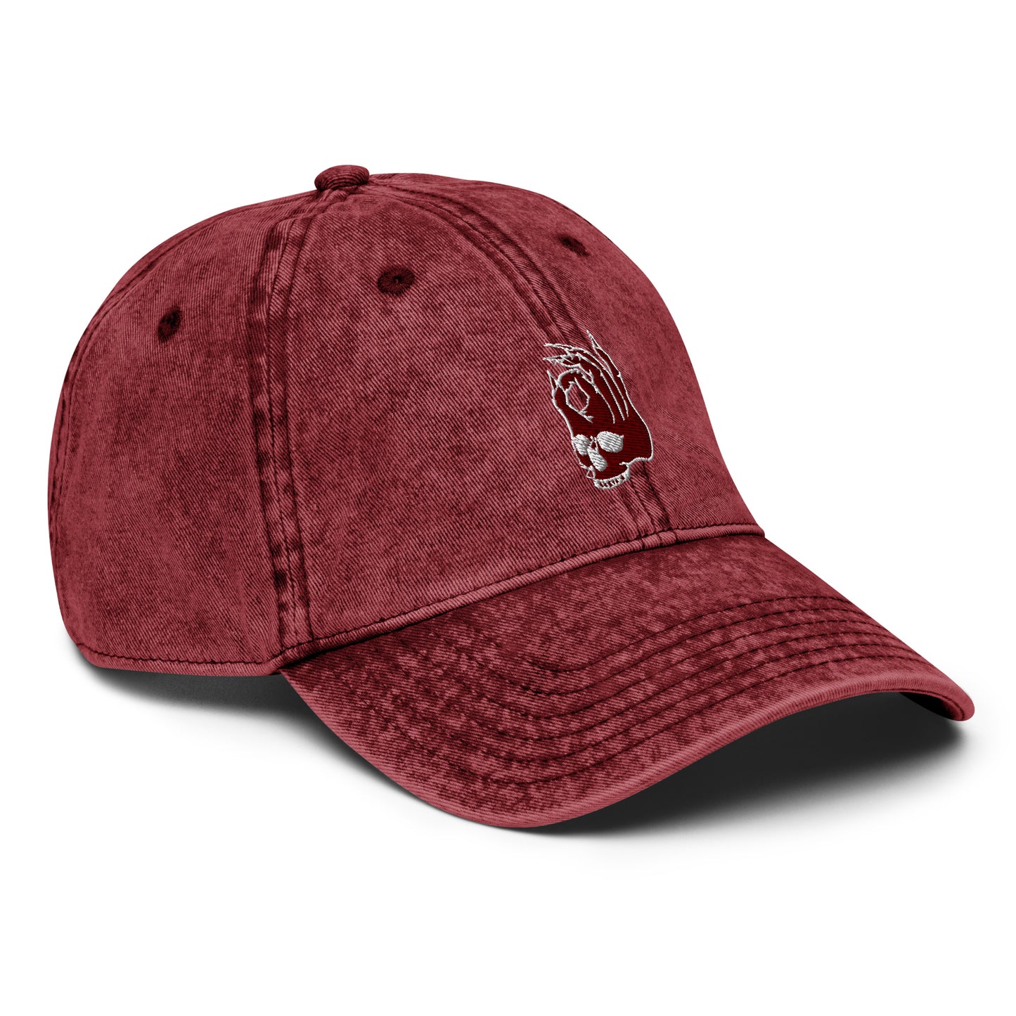 Front right view of the Hellbeing skull embroidered vintage burgundy cap