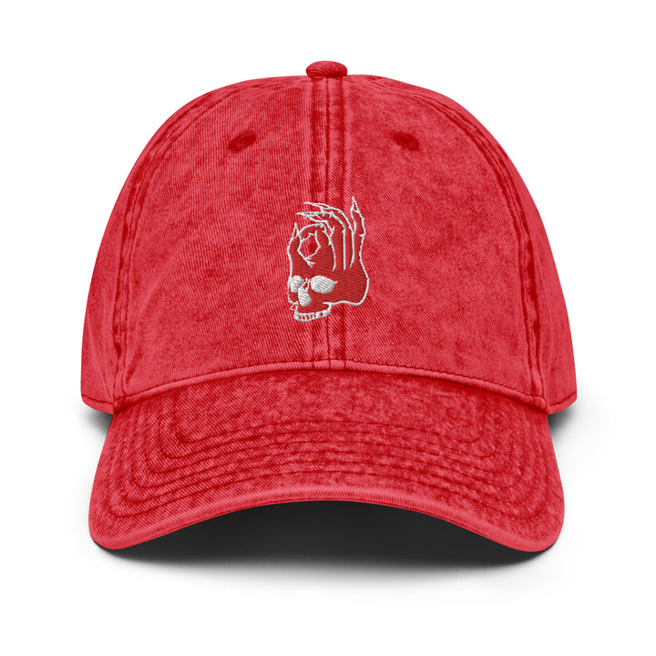Hellbeing skull vintage red twill hat, front view