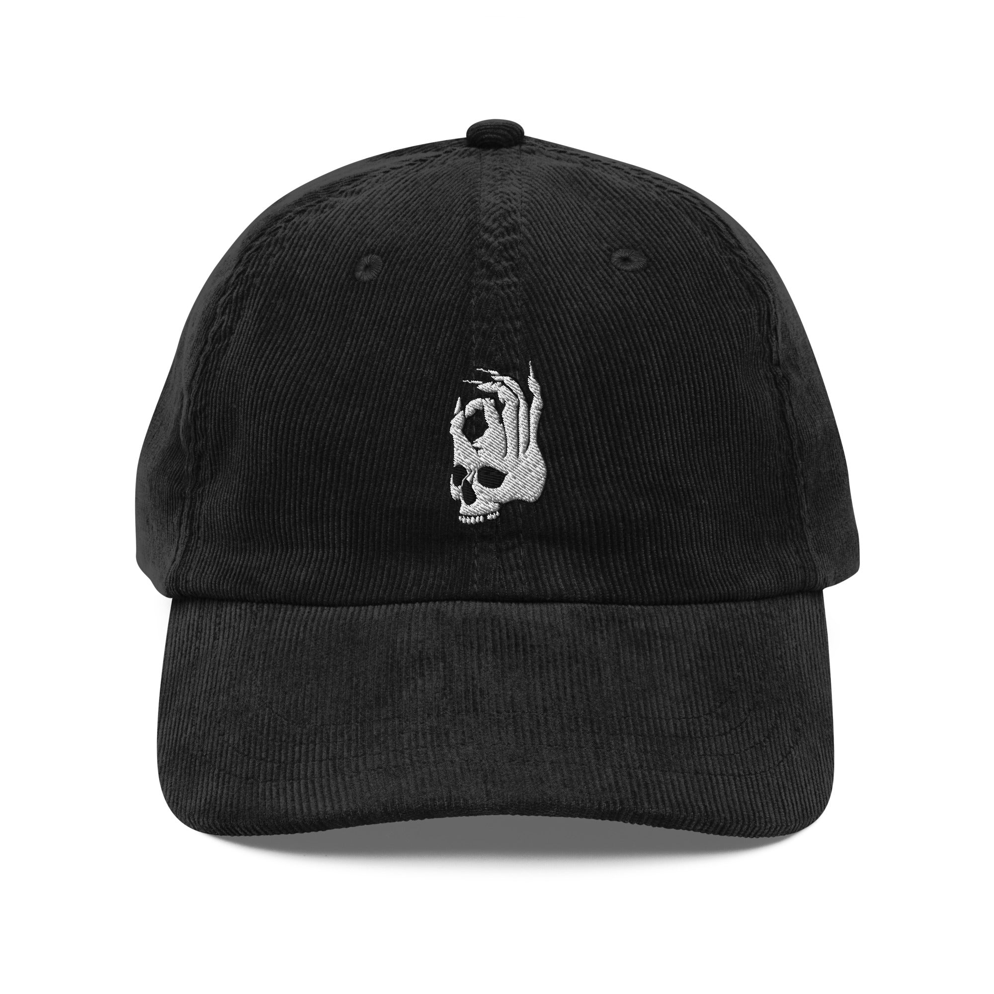 Front view of the Hellbeing skull embroidered skull vintage black corduroy hat