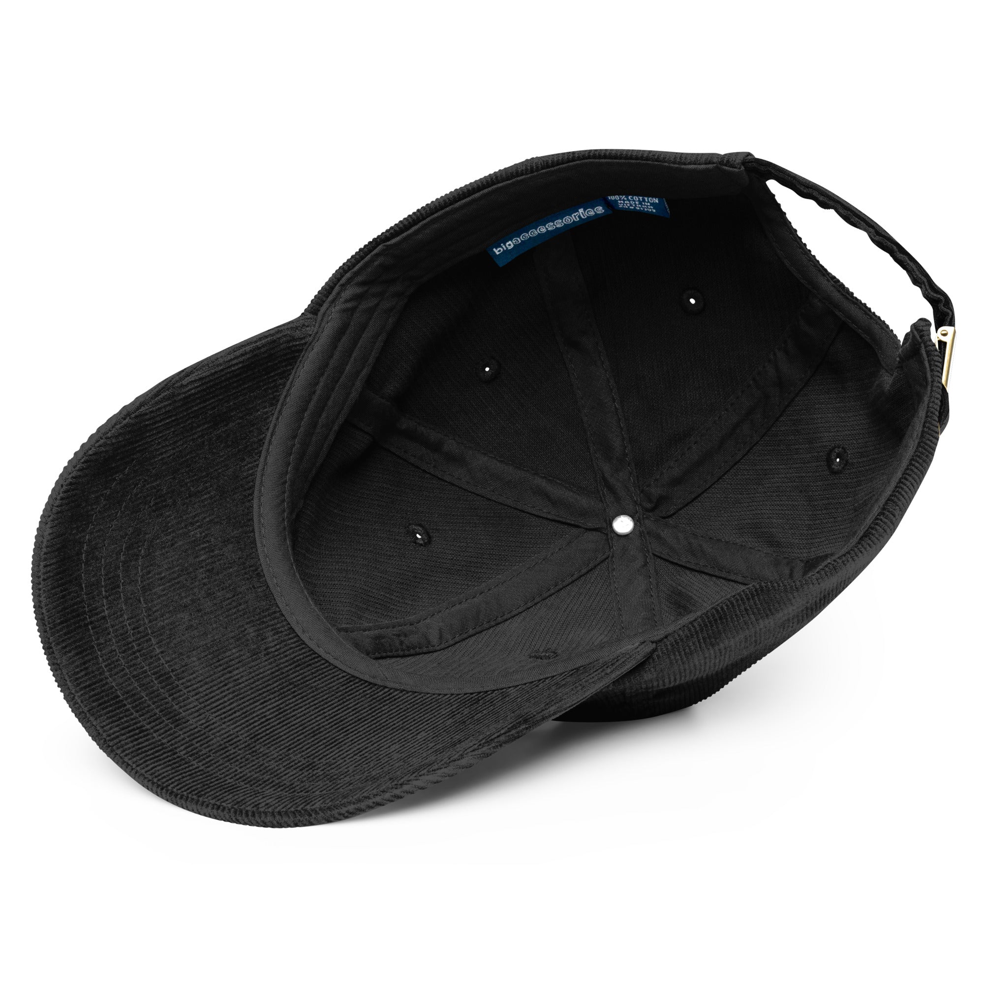 Inside view of the Hellbeing skull embroidered skull vintage black corduroy hat