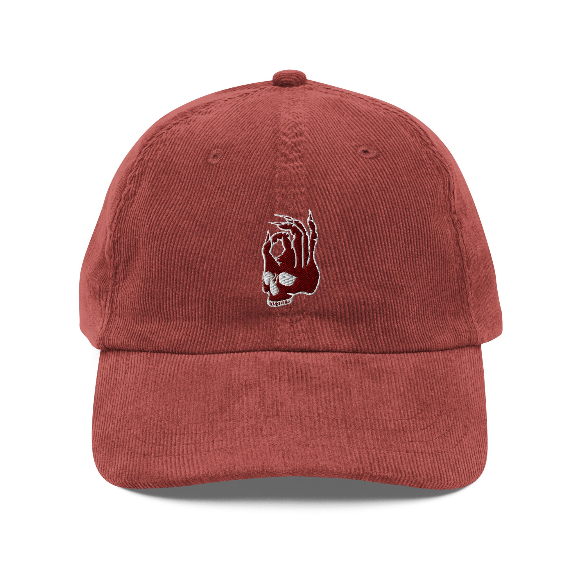 Front view of the Hellbeing skull embroidered skull vintage burgundy corduroy hat