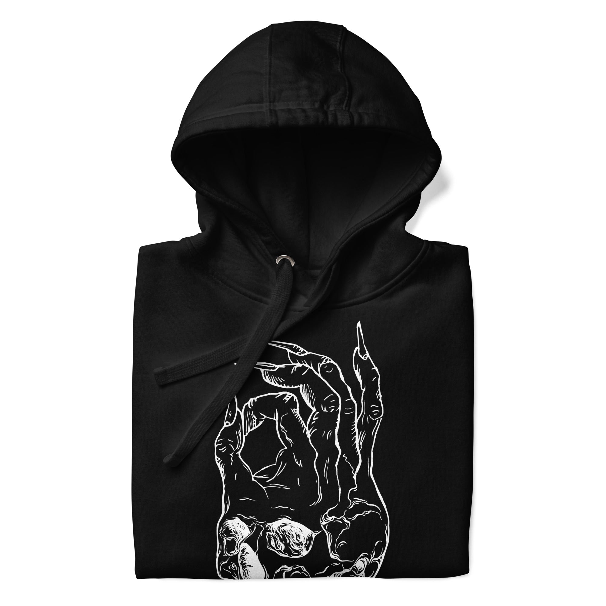 Hellbeing skull logo hoodie in black, folded front view