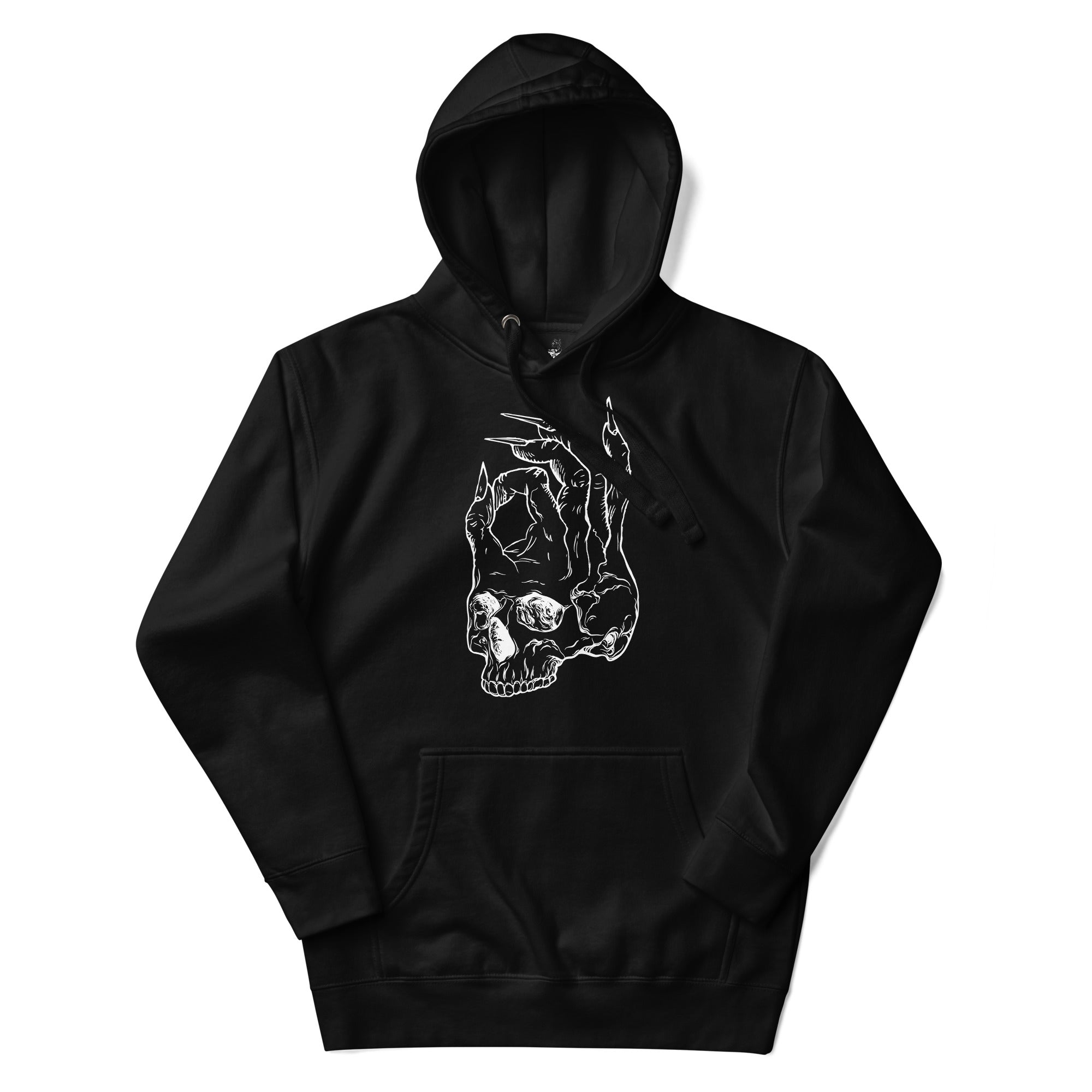 Hellbeing skull logo hoodie in black, front detail