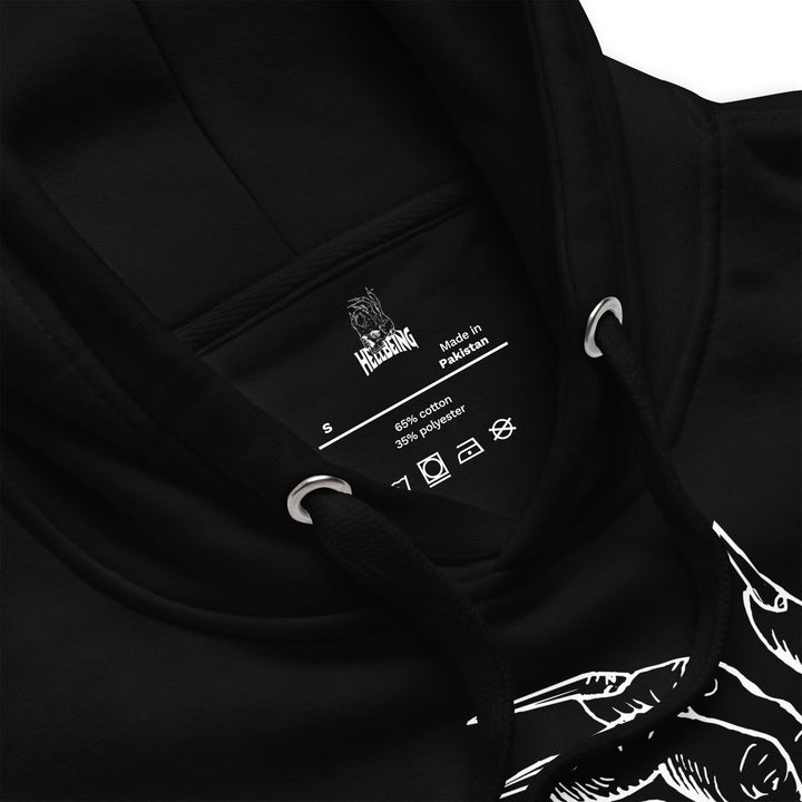 Hellbeing skull logo hoodie inside label and fabric detail