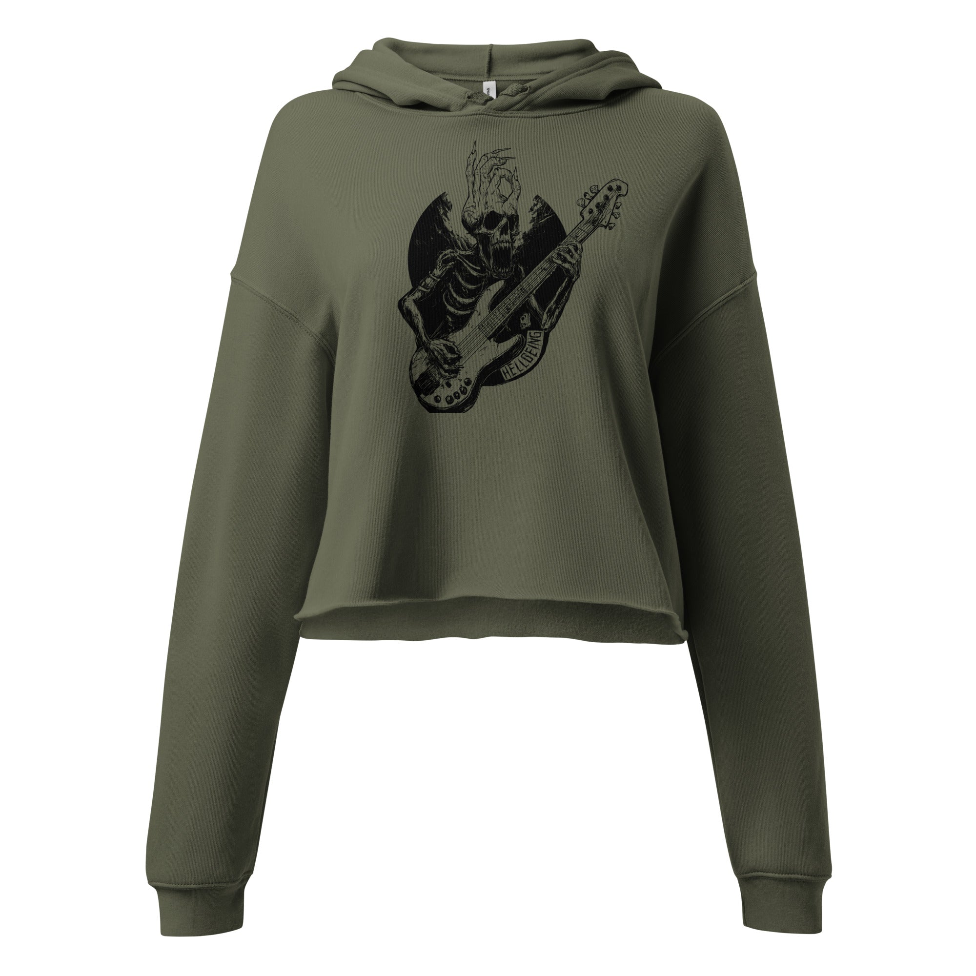 Hellbeing Sonic Overlord skeleton guitarist crop hoodie in green, front view