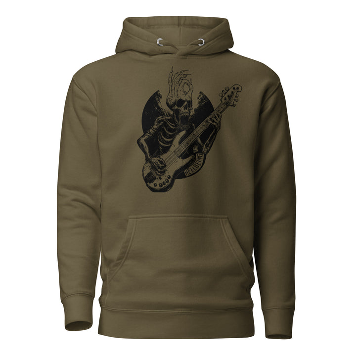 Hellbeing Sonic Overlord skeleton guitarist hoodie in military green, front view
