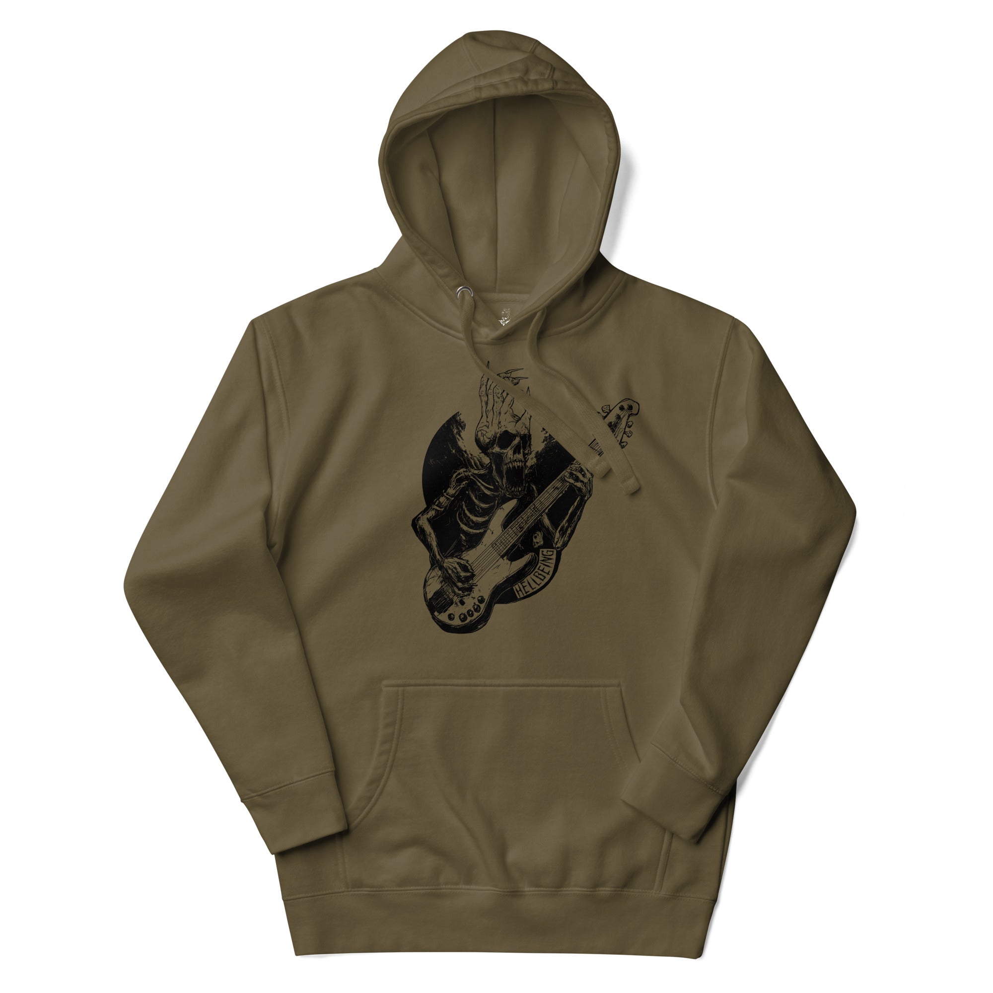 Hellbeing Sonic Overlord skeleton guitarist hoodie in military green, front detail