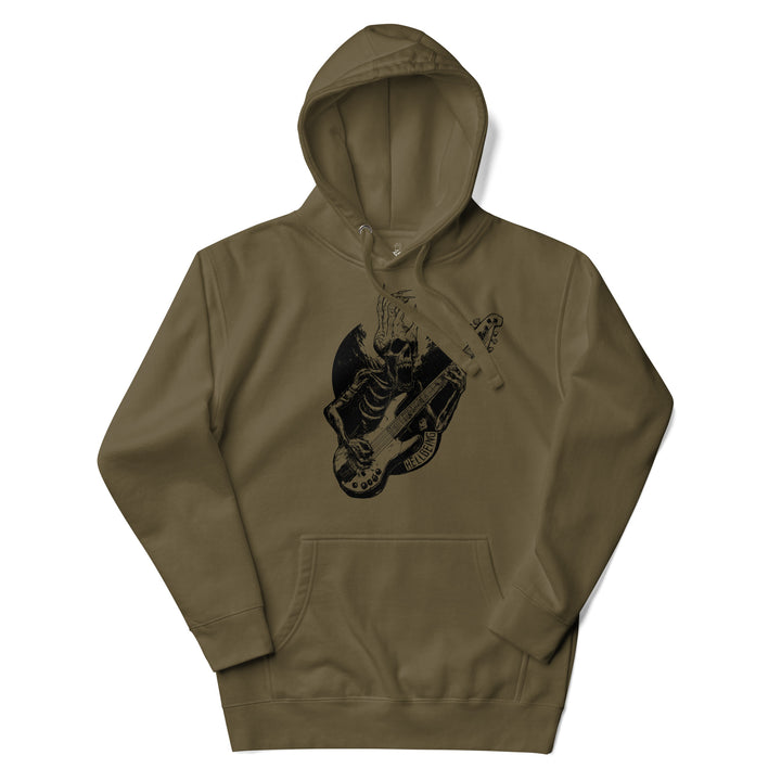 Hellbeing Sonic Overlord skeleton guitarist hoodie in military green, front detail