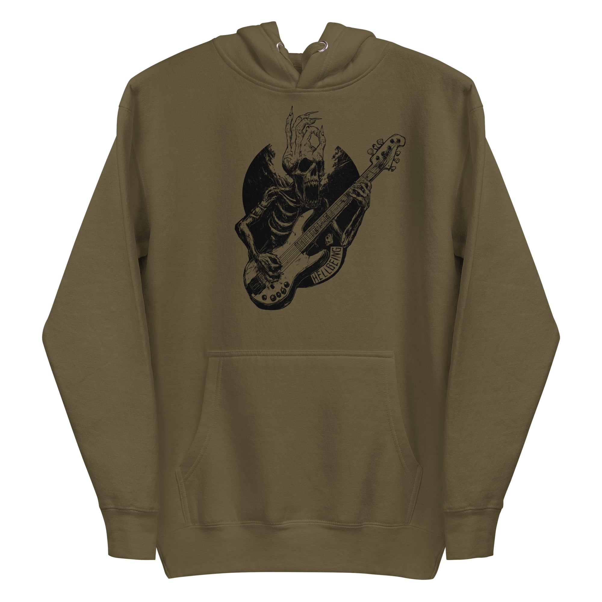 Hellbeing Sonic Overlord skeleton guitarist hoodie in military green, hood and pocket detail