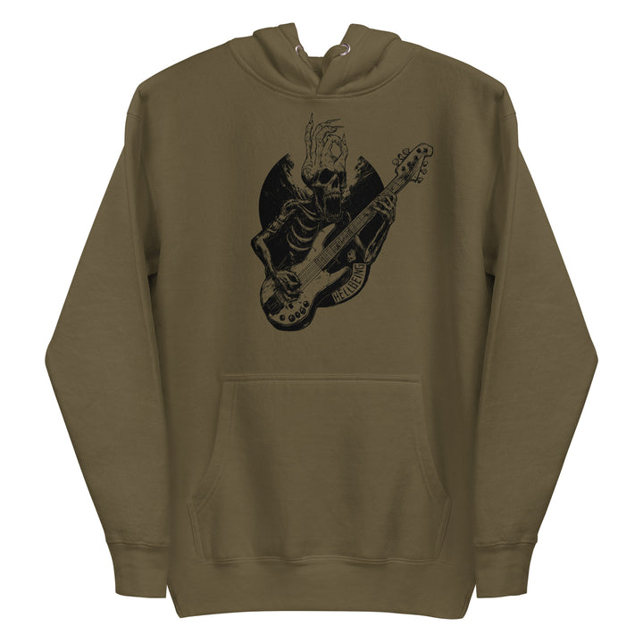 Hellbeing Sonic Overlord skeleton guitarist hoodie in military green, hood and pocket detail