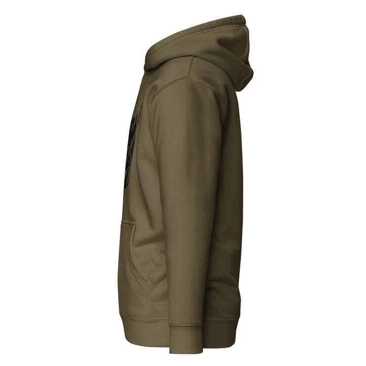 Hellbeing Sonic Overlord skeleton guitarist hoodie in military green, left side view