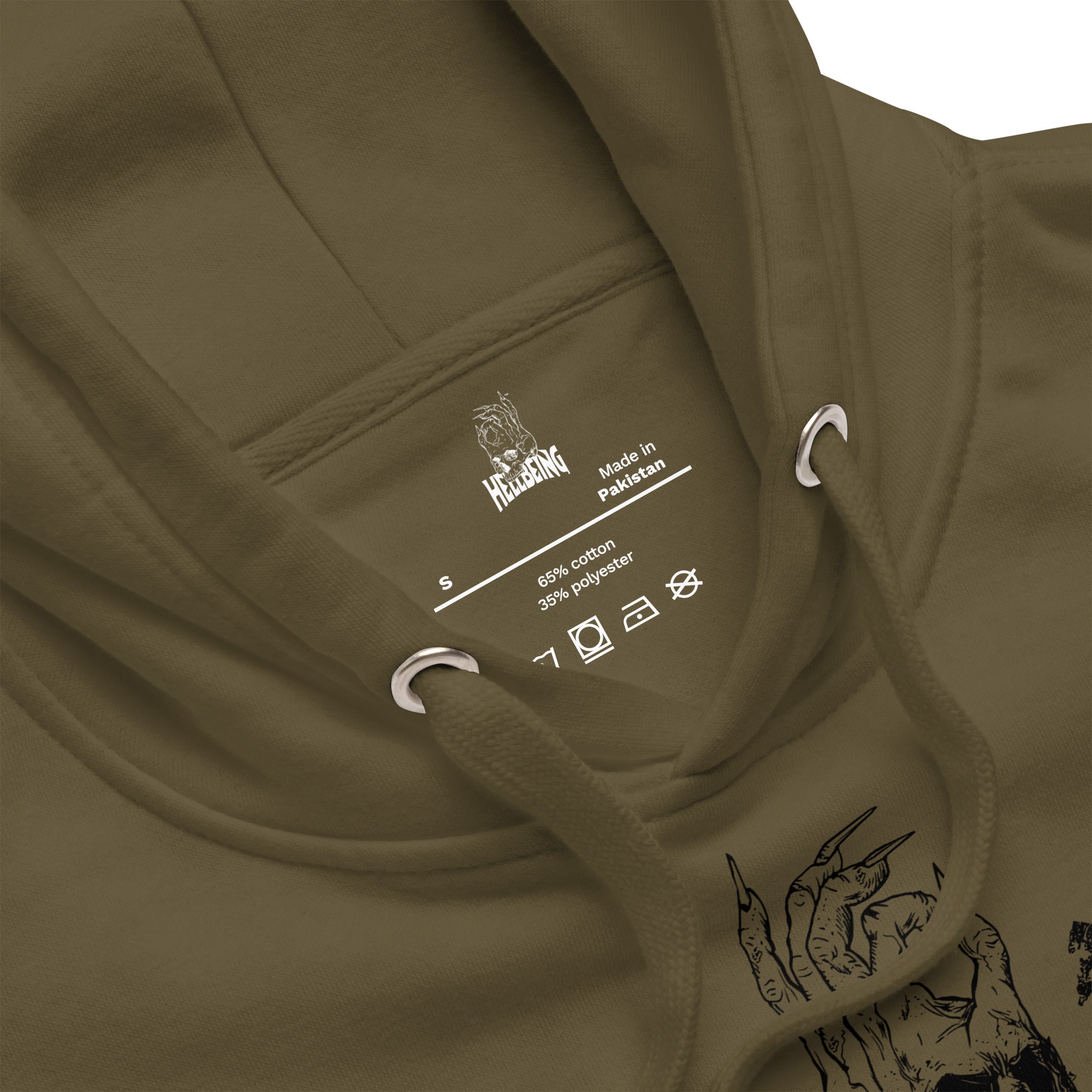 Inside label view of the Hellbeing Sonic Overlord military green hoodie