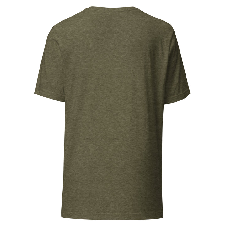 Hellbeing Sonic Overlord skeleton guitarist tri-blend tee in olive green, back view