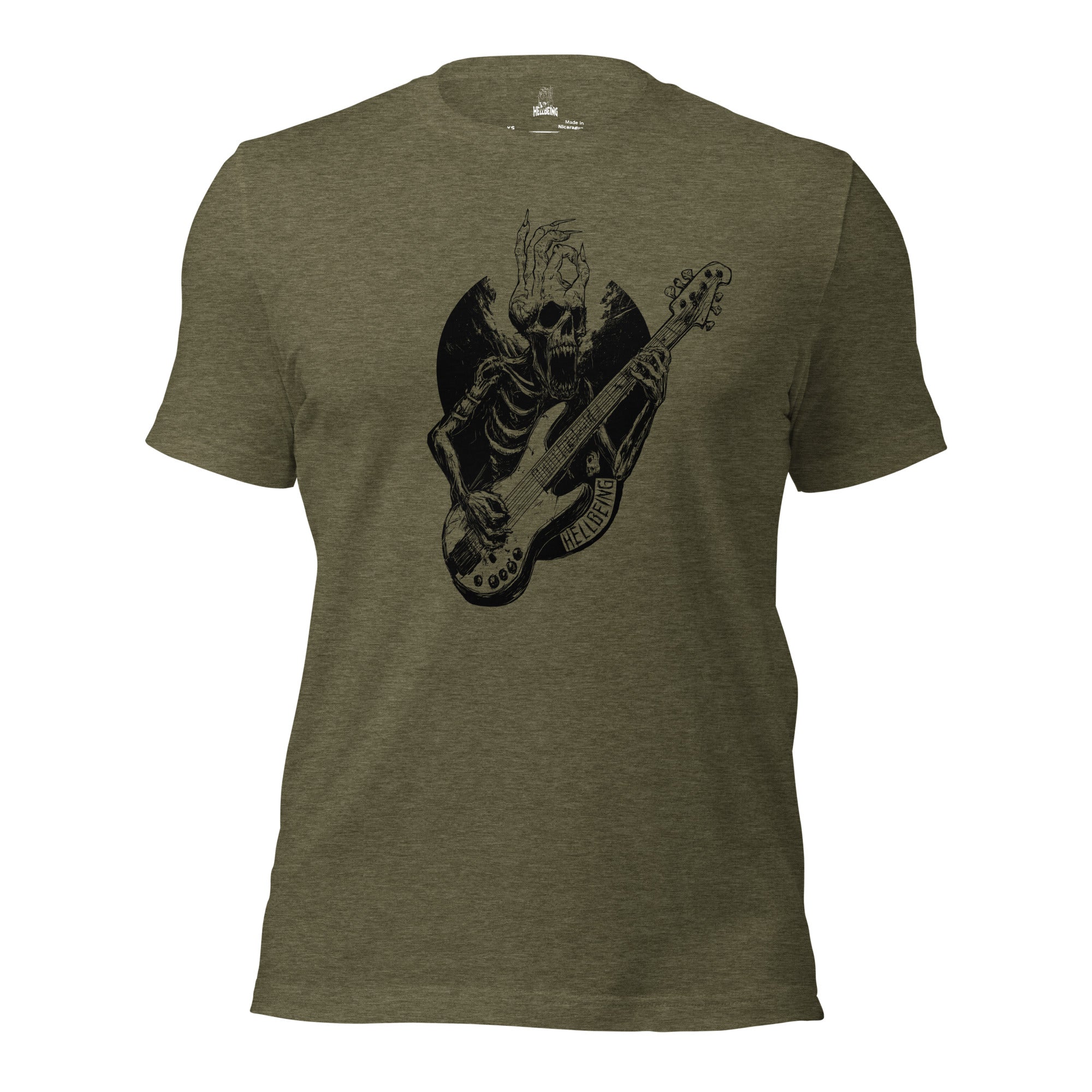 Hellbeing Sonic Overlord skeleton guitarist tri-blend tee in olive green, front detail