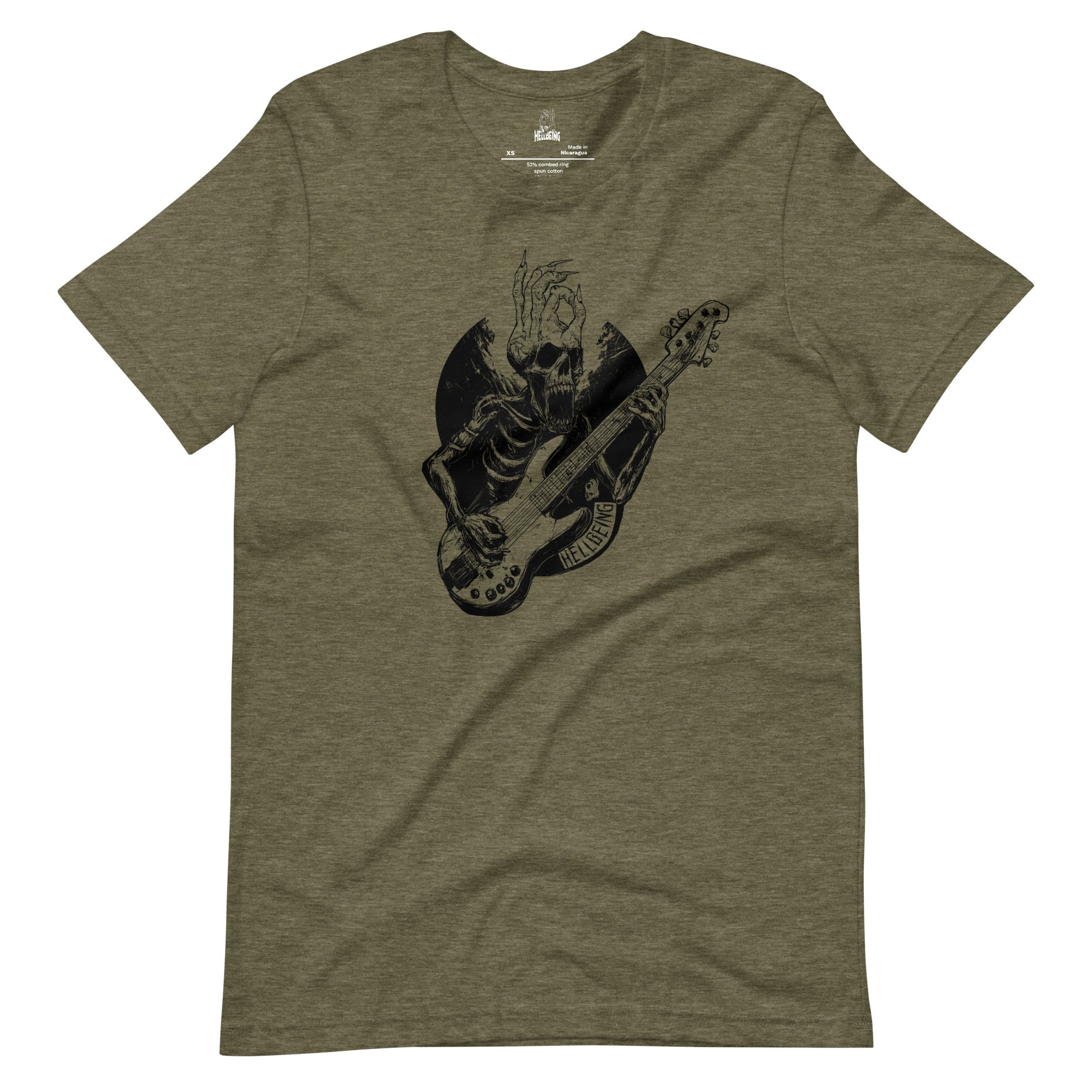Hellbeing Sonic Overlord skeleton guitarist tri-blend tee in olive green, front design close-up