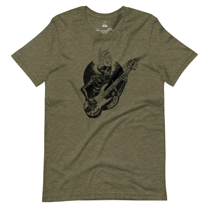 Hellbeing Sonic Overlord skeleton guitarist tri-blend tee in olive green, front design close-up