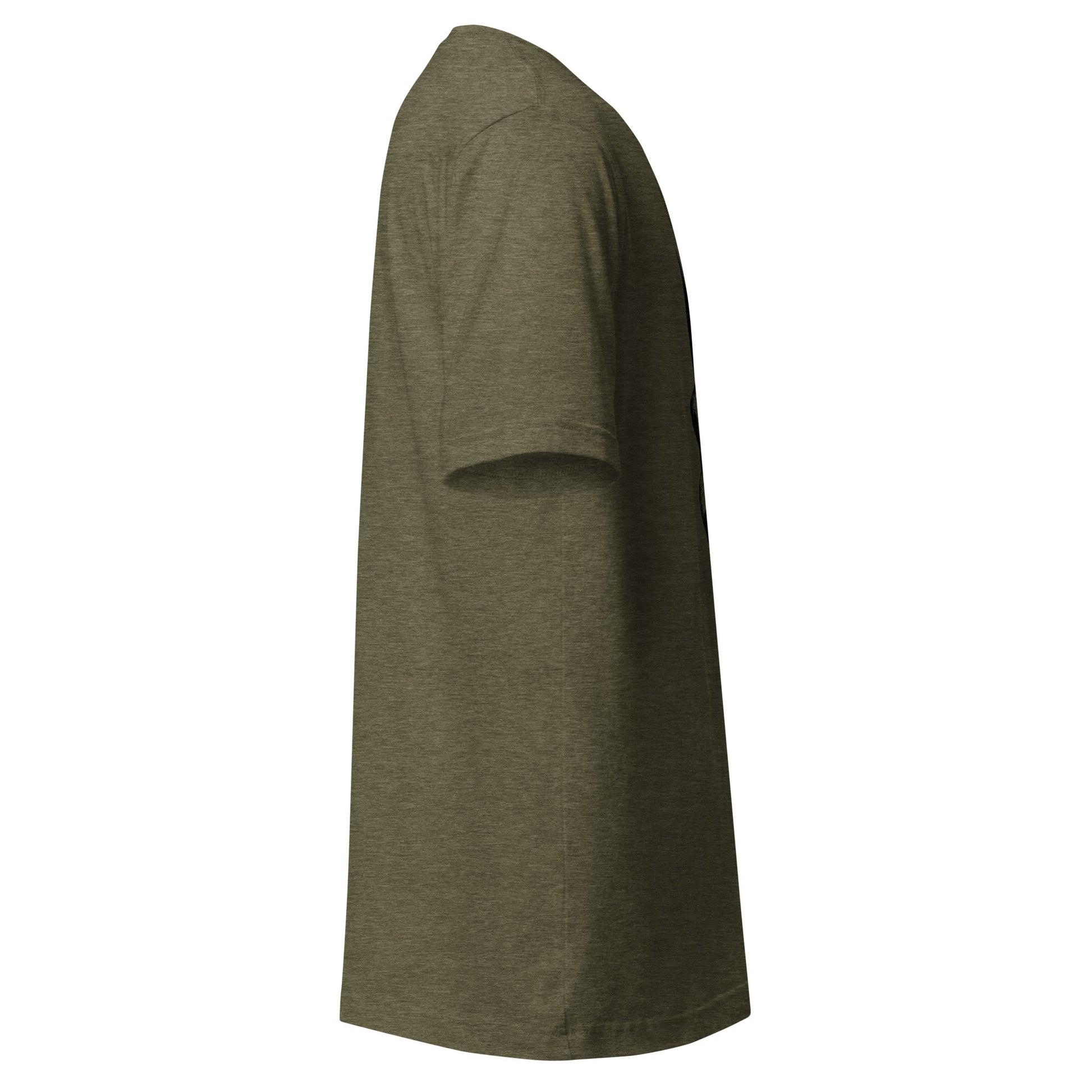 Right side view of the Hellbeing Sonic Overlord guitarist skeleton olive green t-shirt
