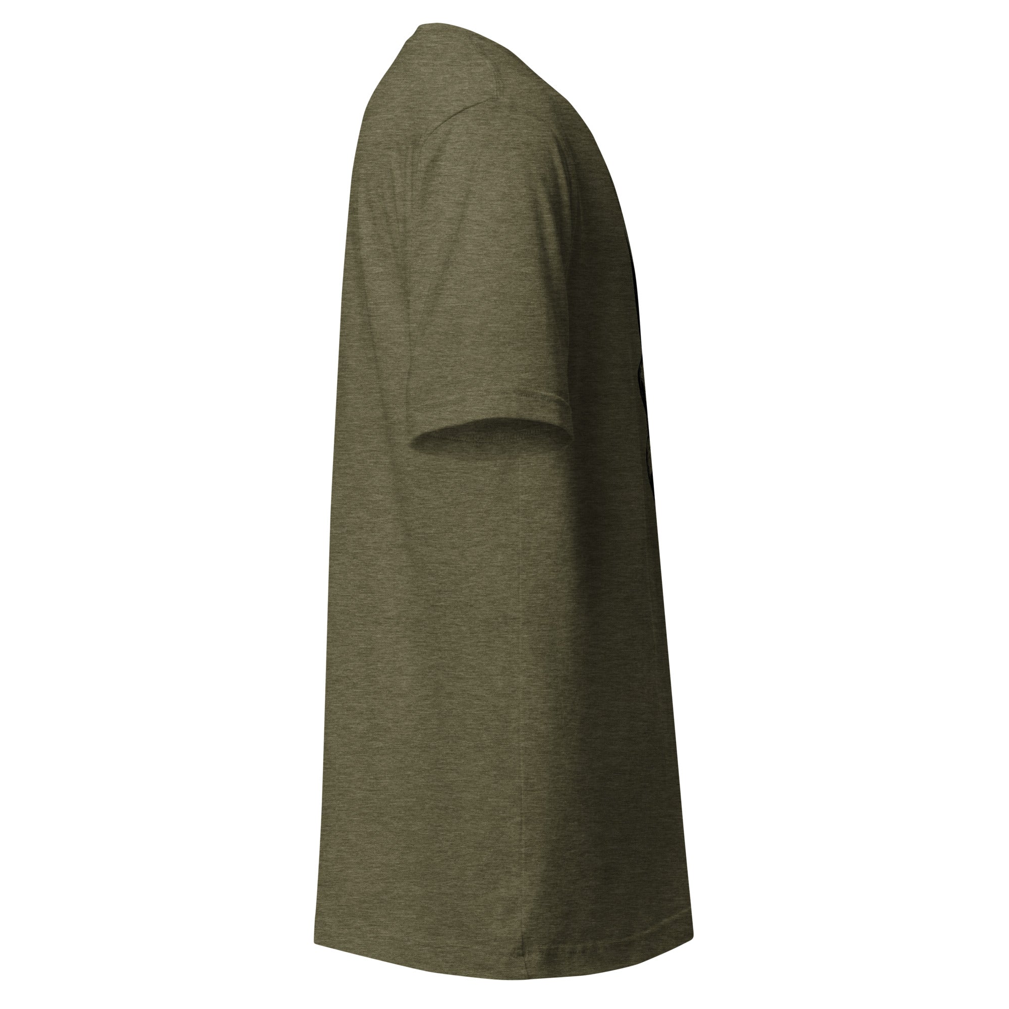 Hellbeing Sonic Overlord skeleton guitarist tri-blend tee in olive green, right side view