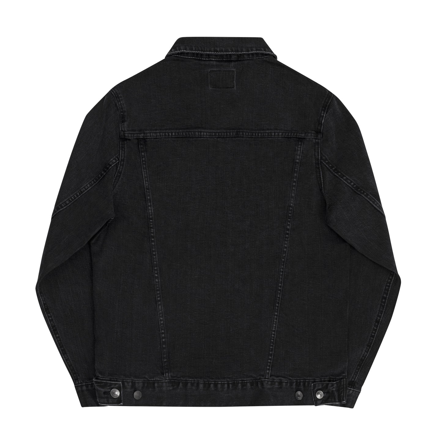 Back view of the Hellbeing skull embroidered black denim jacket
