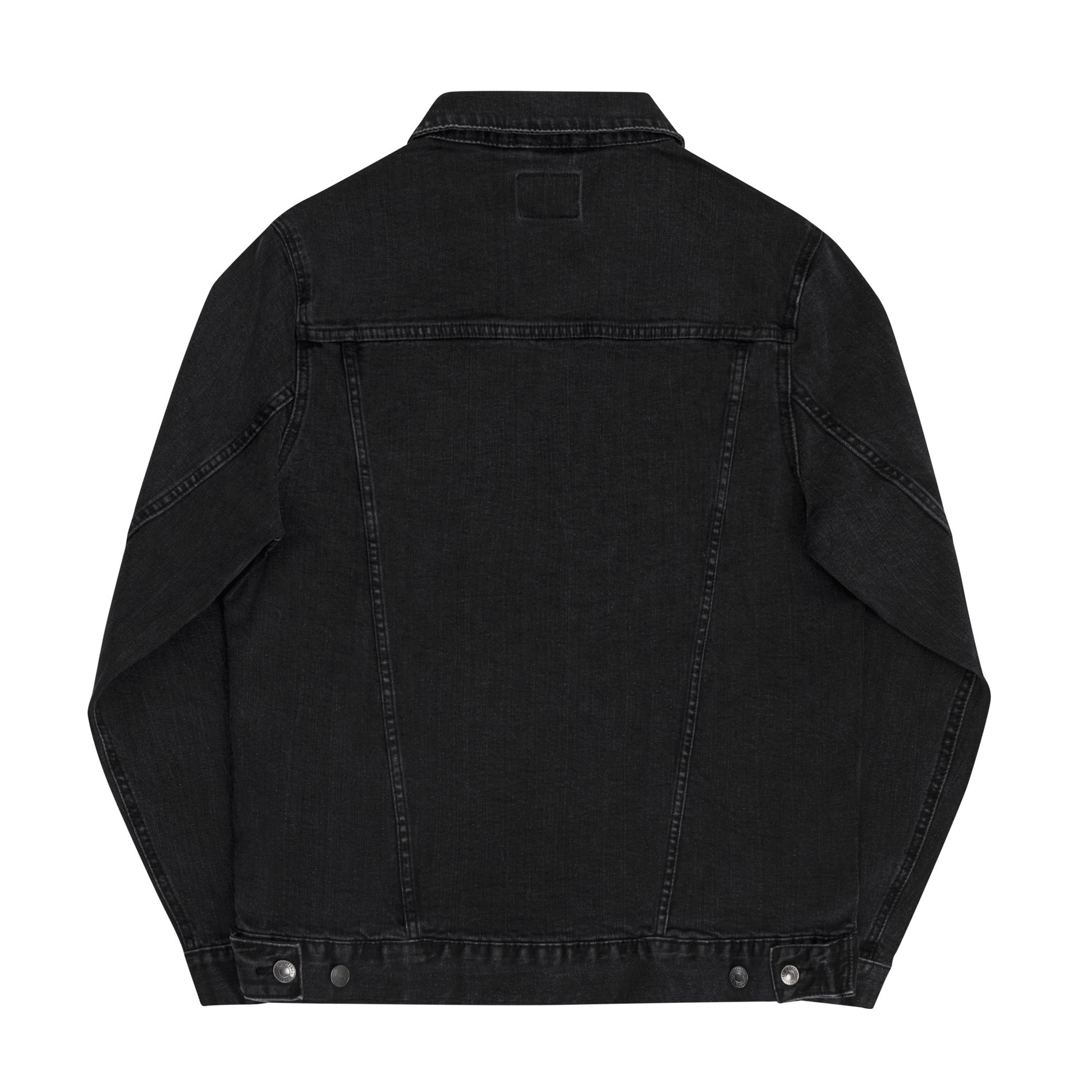 Back view of the Hellbeing skull embroidered black denim jacket