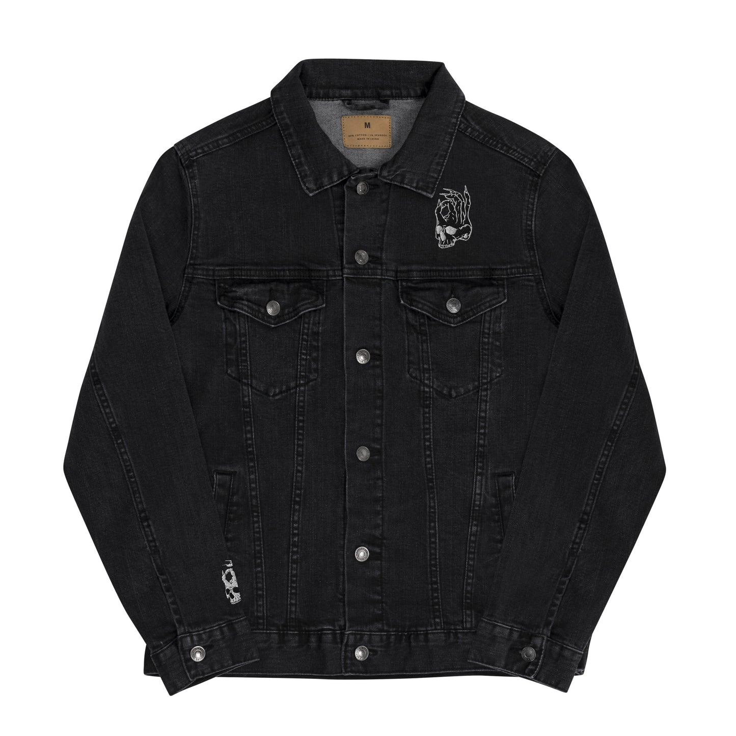 Front view of the Hellbeing skull embroidered black denim jacket