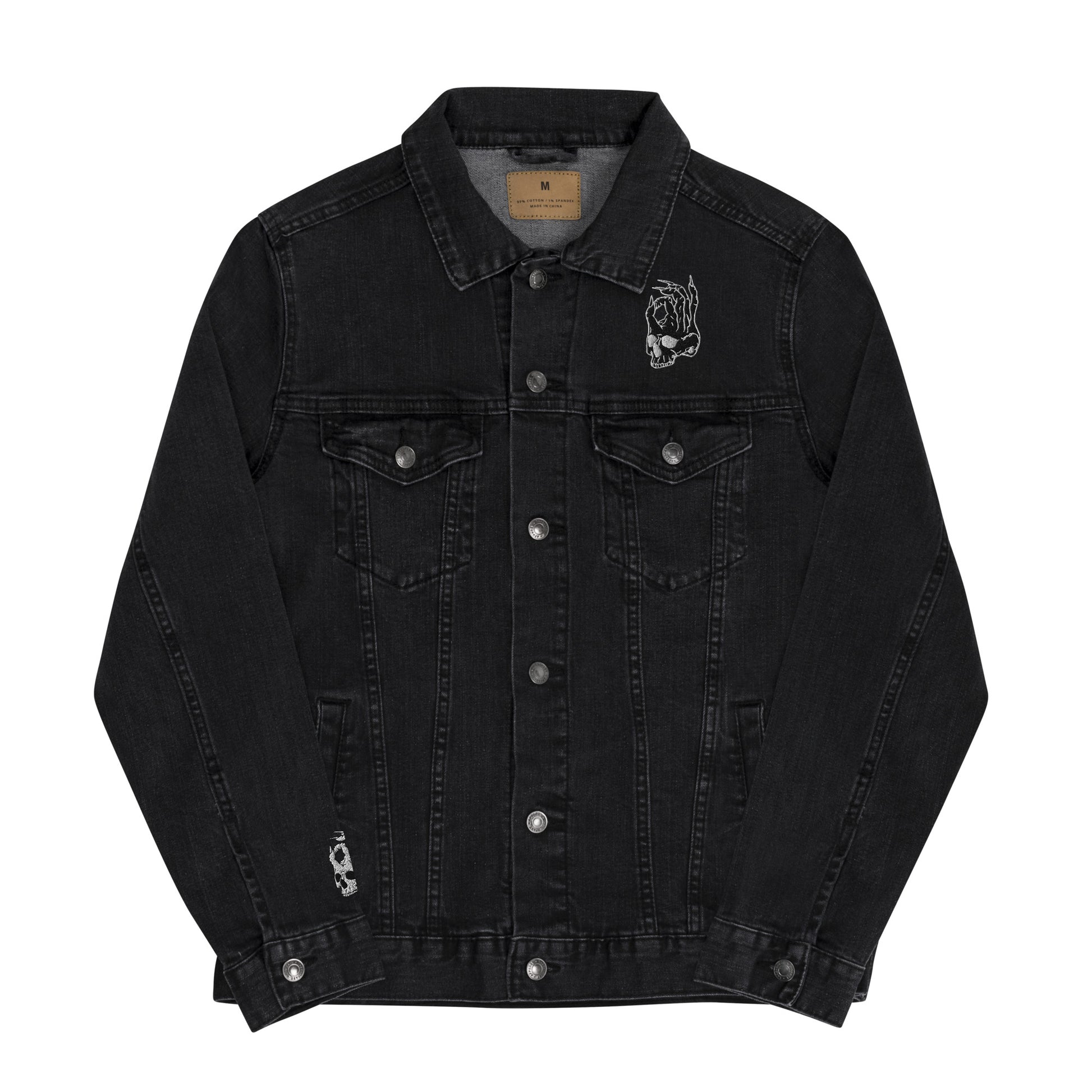 Front view of the Hellbeing skull embroidered black denim jacket