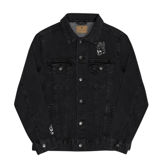 Front view of the Hellbeing skull embroidered black denim jacket
