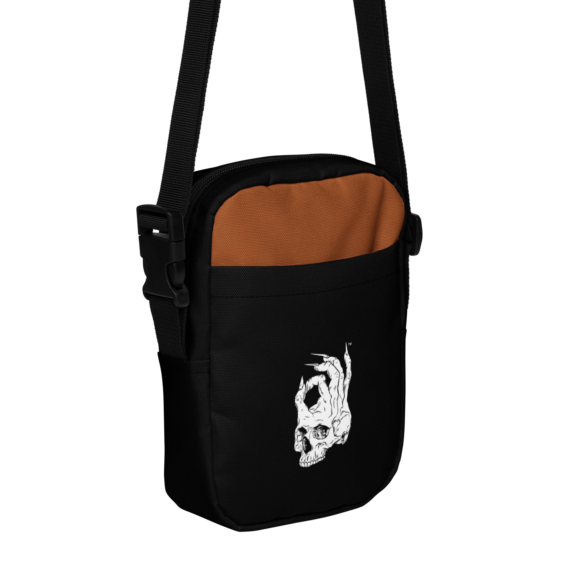 Hellbeing black saddle utility crossbody bag, front angle view
