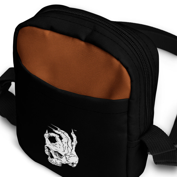 Hellbeing black saddle utility crossbody bag, front detail