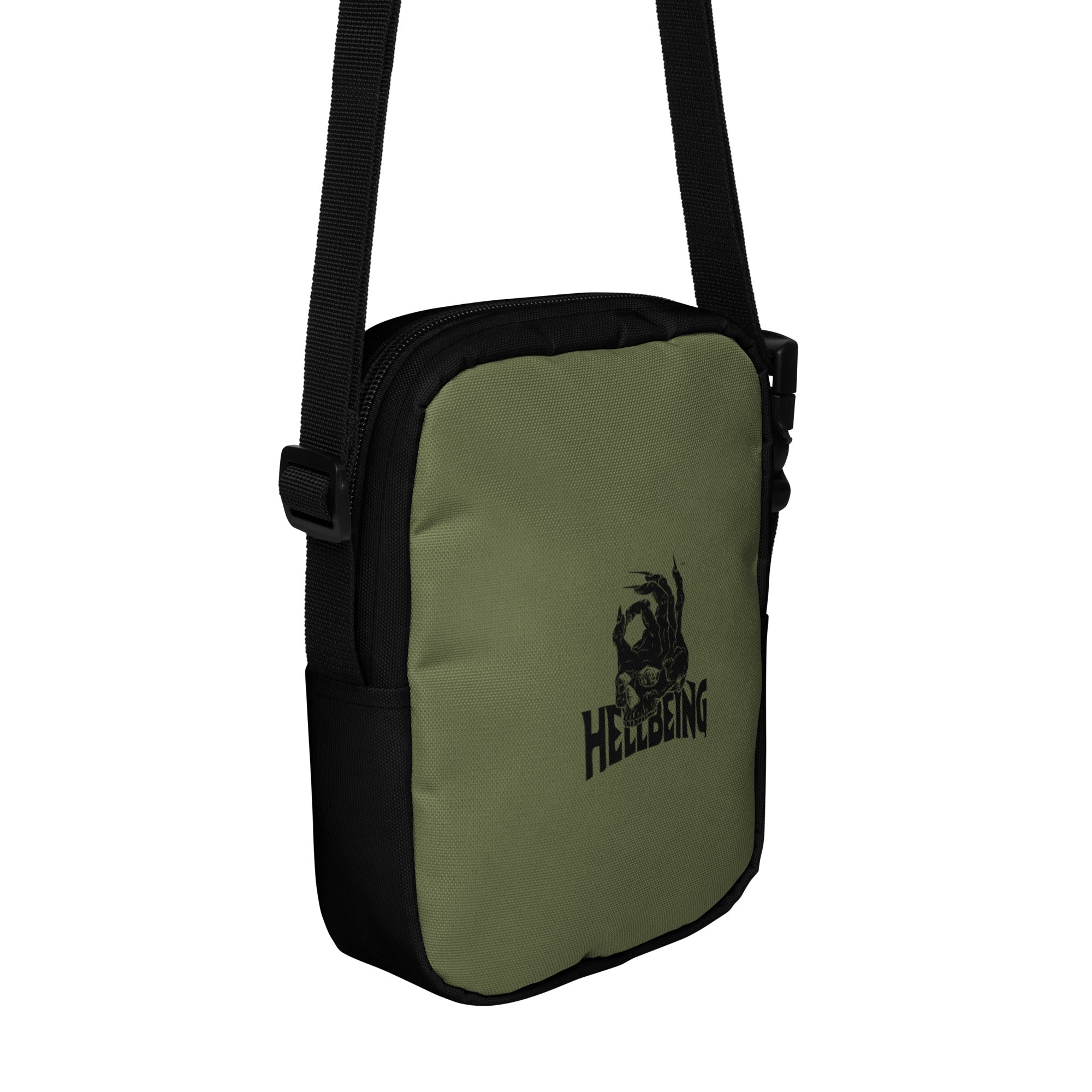 Hellbeing green and black utility crossbody bag, back detail