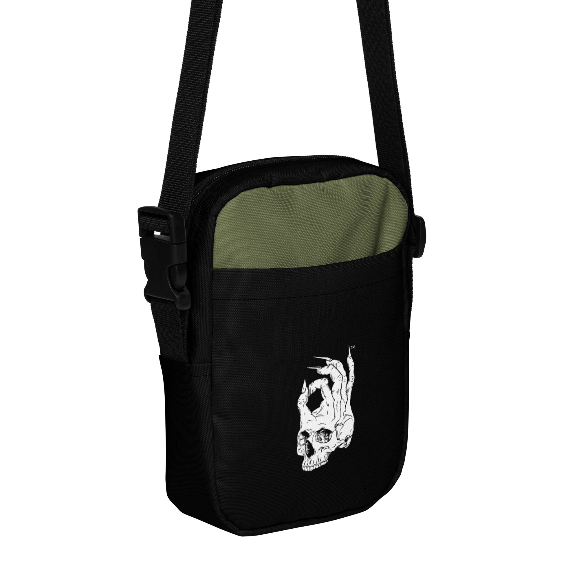 Hellbeing green and black utility crossbody bag, front angle view