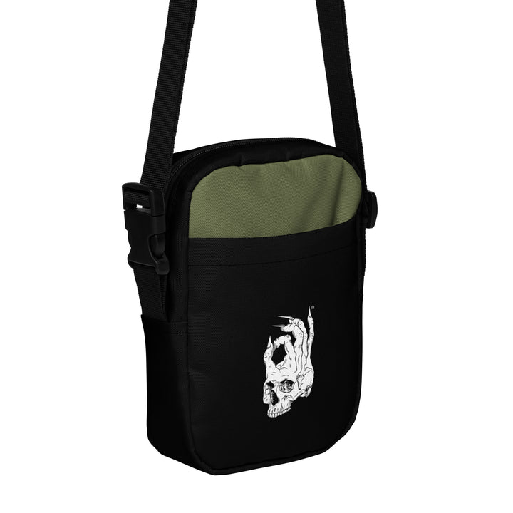 Hellbeing green and black utility crossbody bag, front angle view
