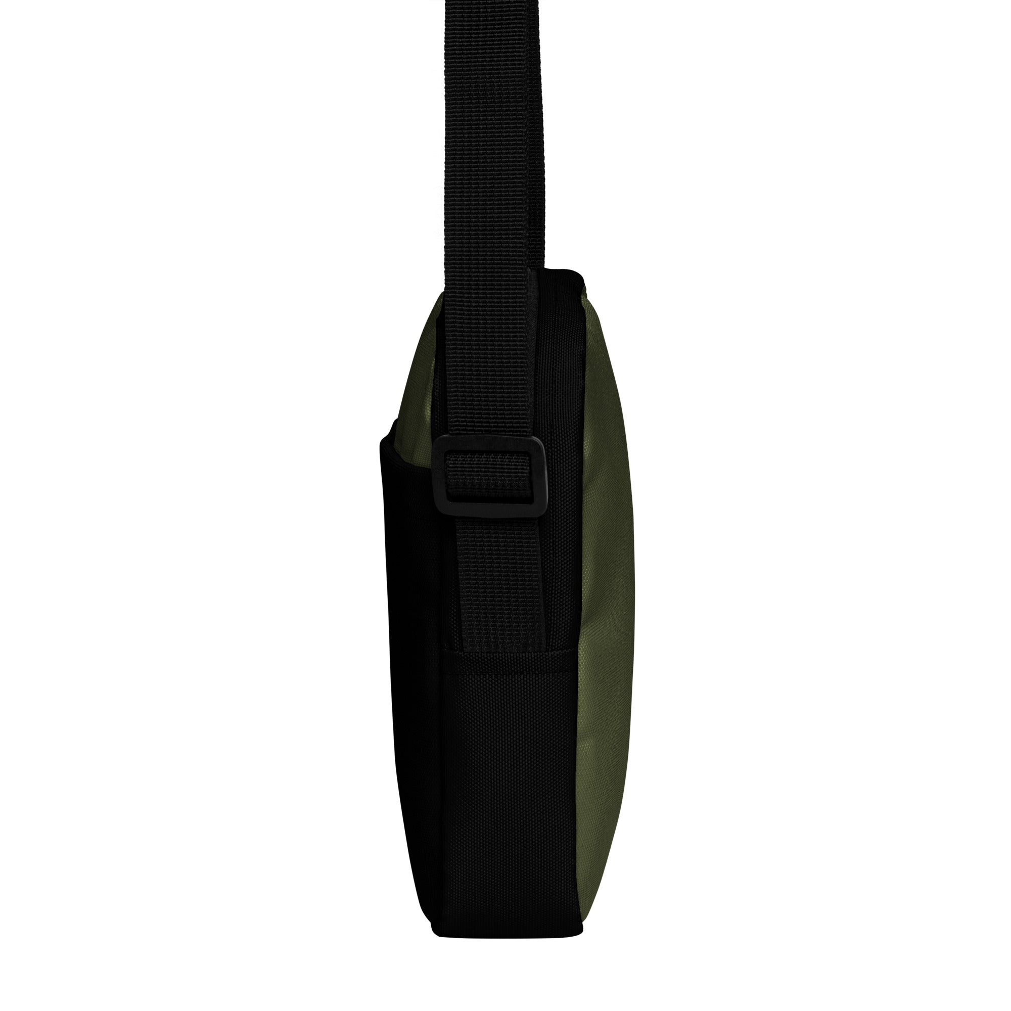 Hellbeing green and black utility crossbody bag, left side view