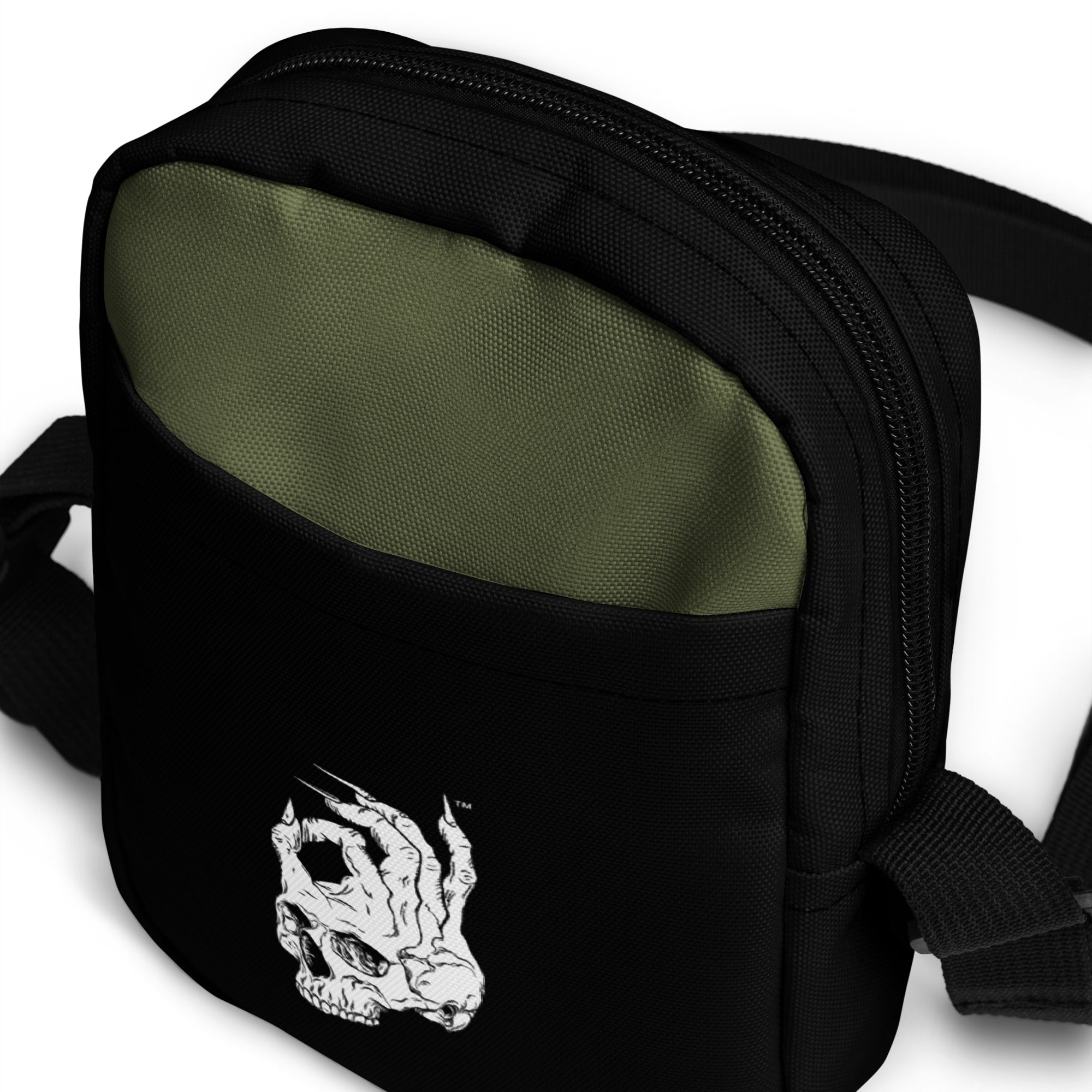 Hellbeing green and black utility crossbody bag, front zoom detail