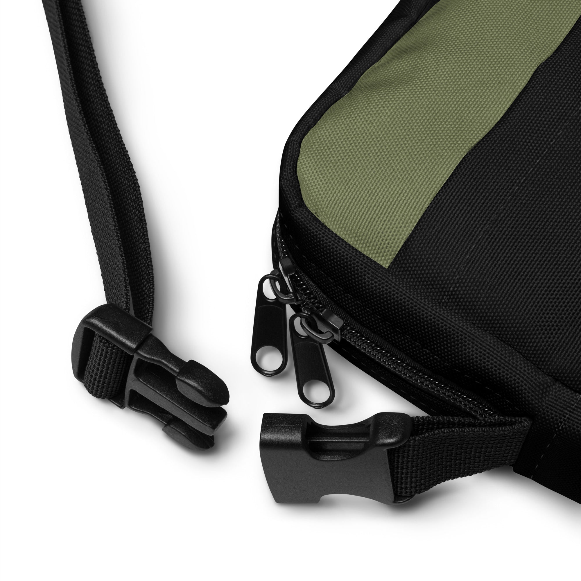 Hellbeing green and black utility crossbody bag, strap detail