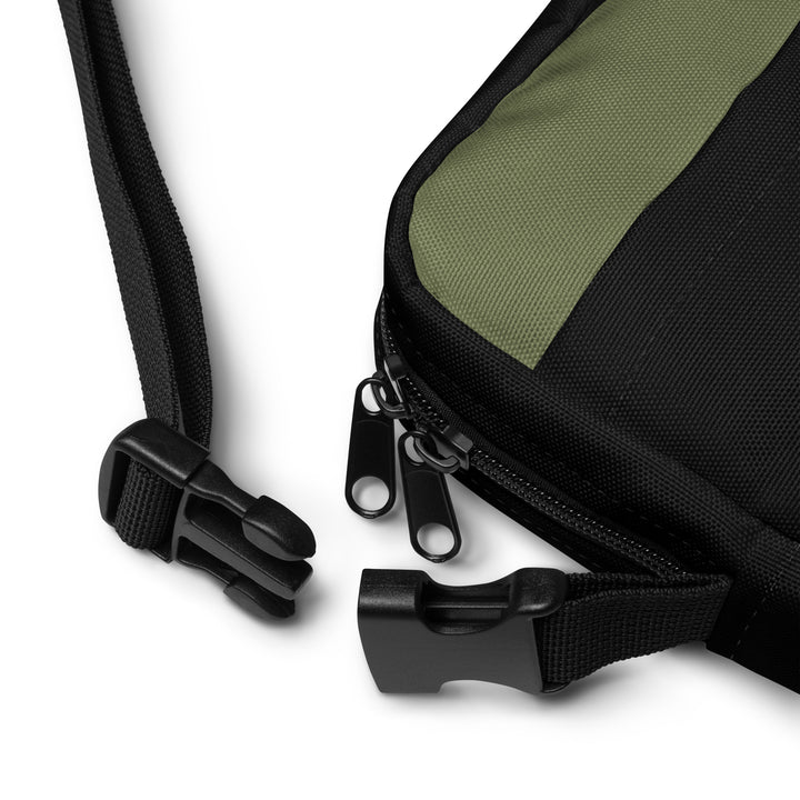 Hellbeing green and black utility crossbody bag, strap detail