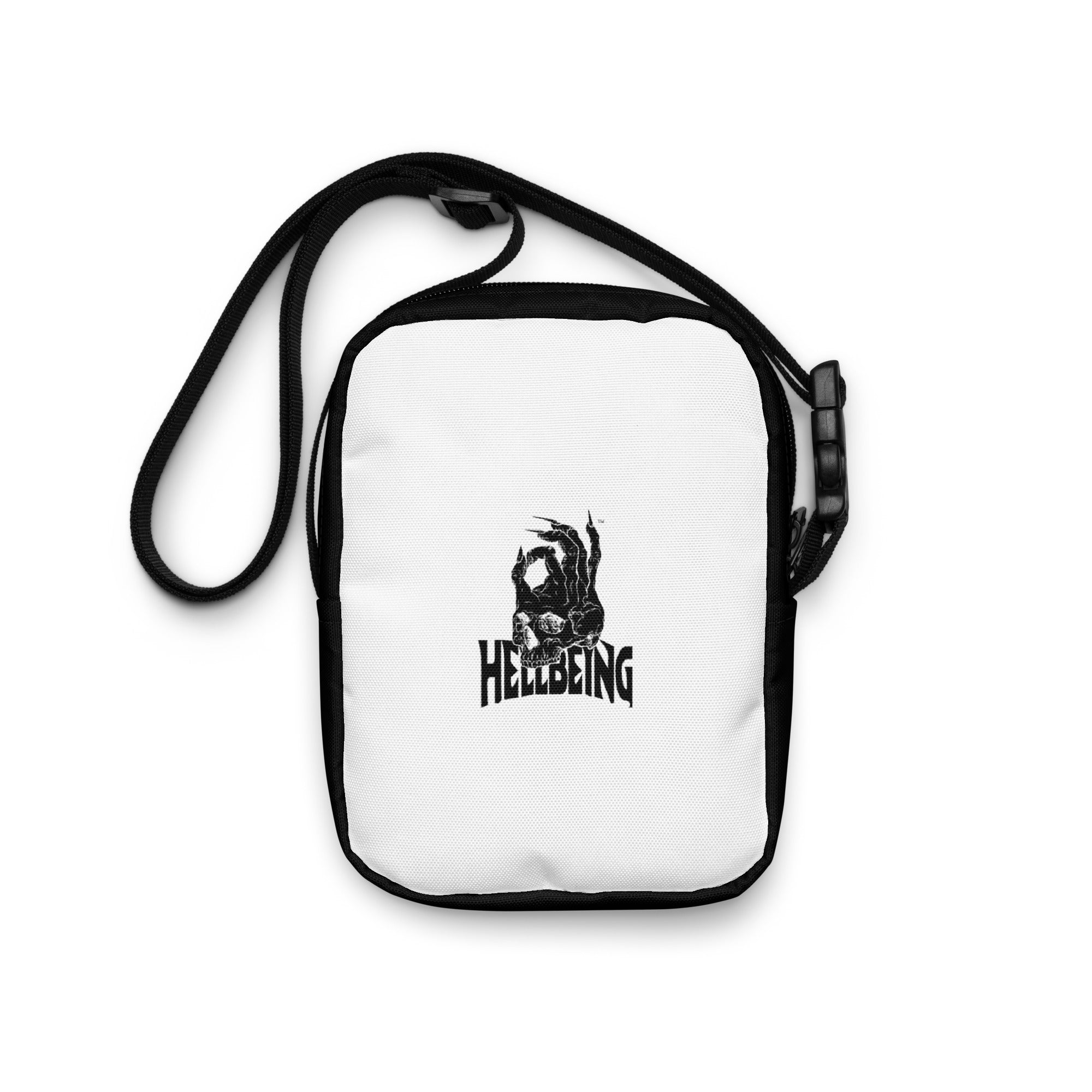 Hellbeing black and white utility crossbody bag, back view