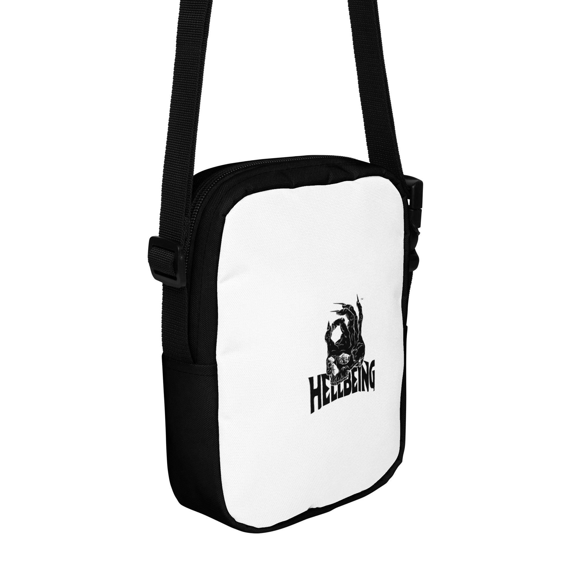 Hellbeing black and white utility crossbody bag, back detail