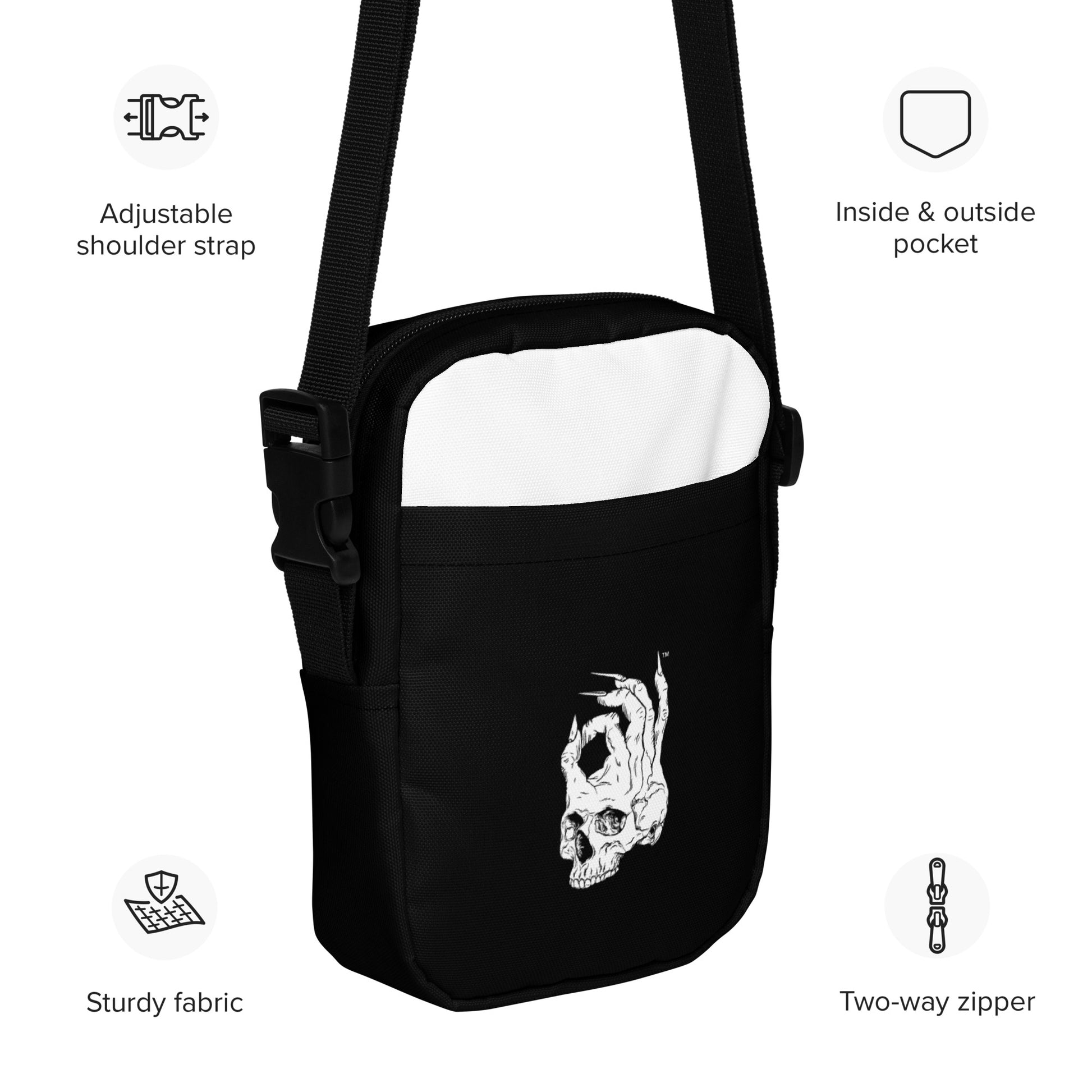 Front view with details of Hellbeing Black and white Crossbody utility bag