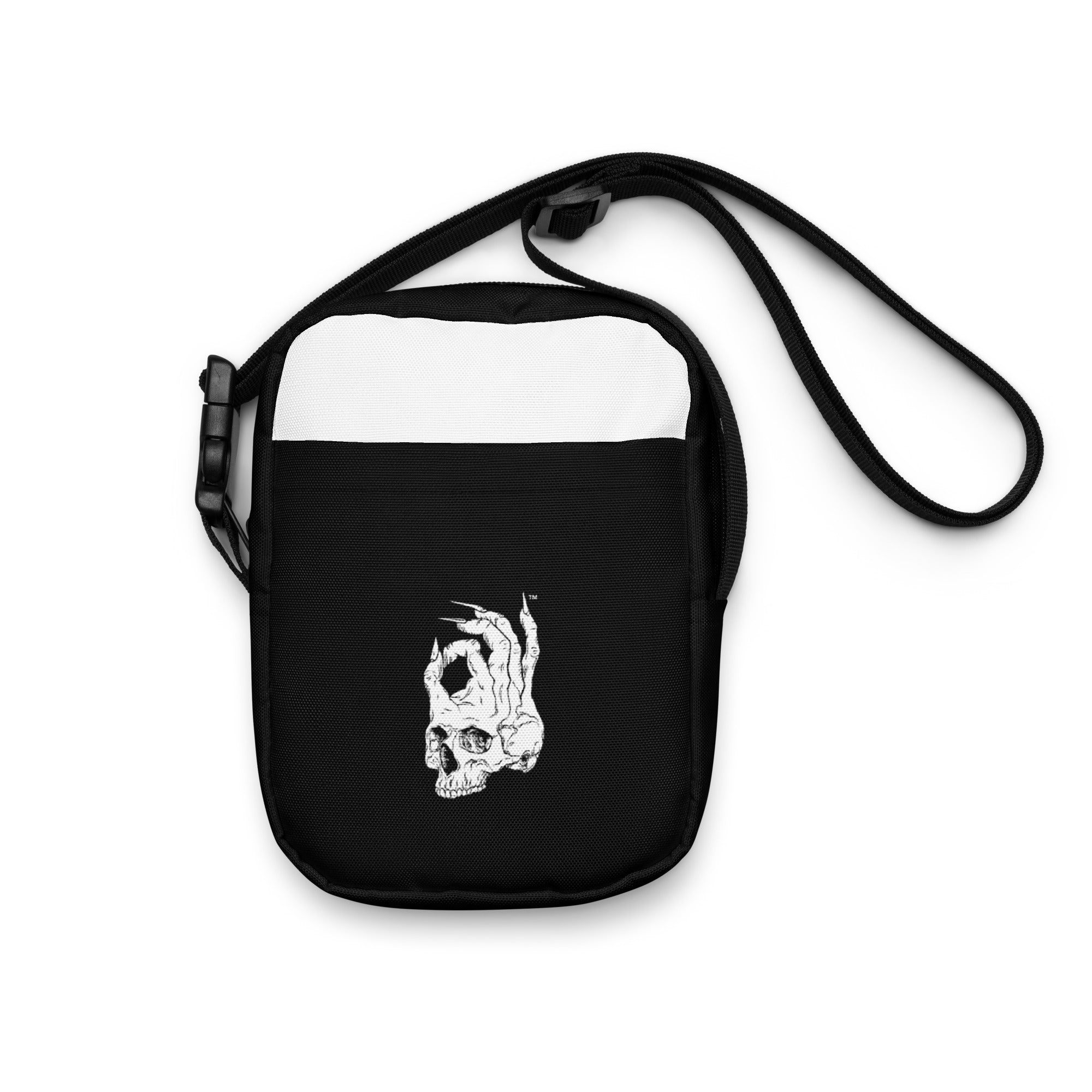 Hellbeing black and white utility crossbody bag, front view
