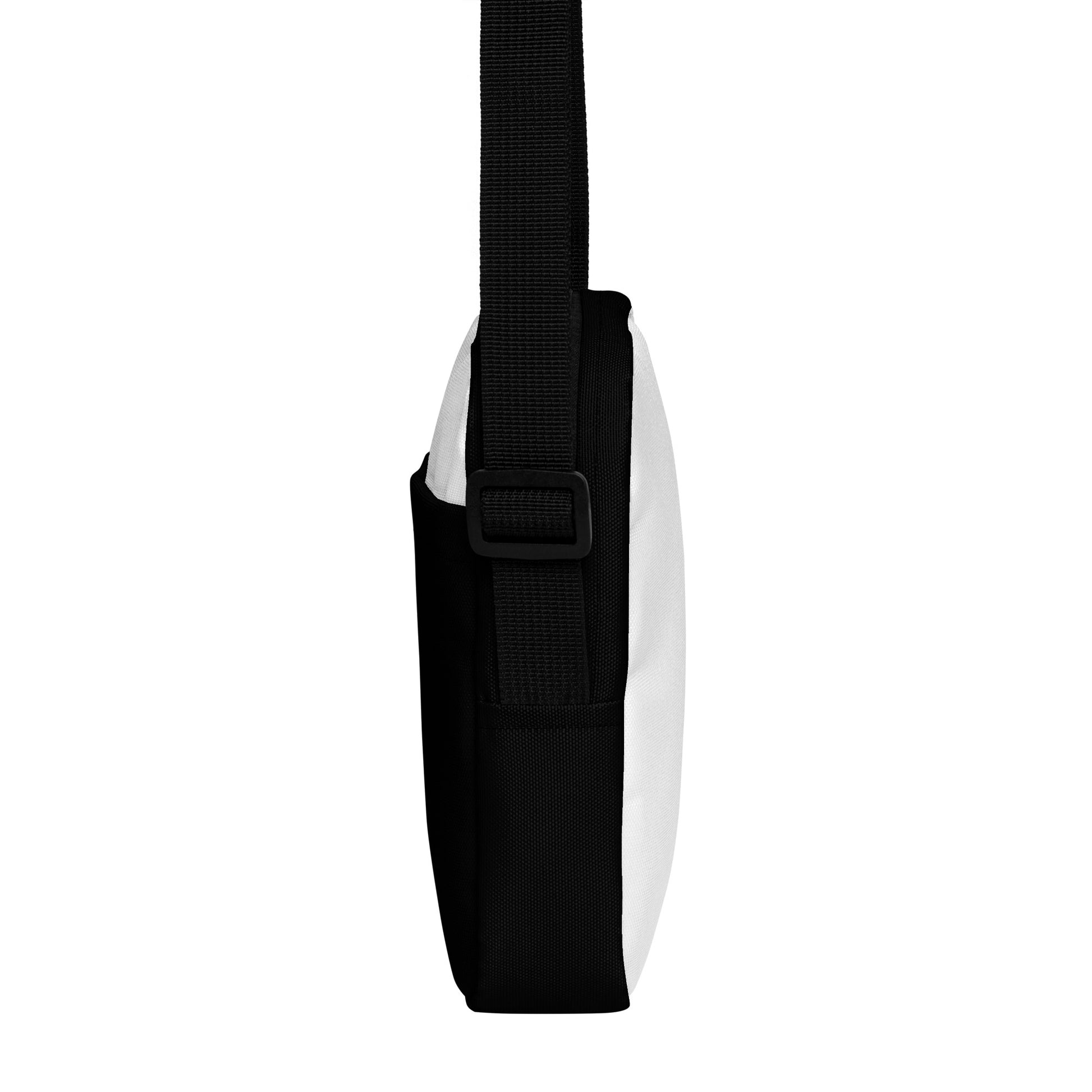 Left side view of Hellbeing Black and white Crossbody utility bag