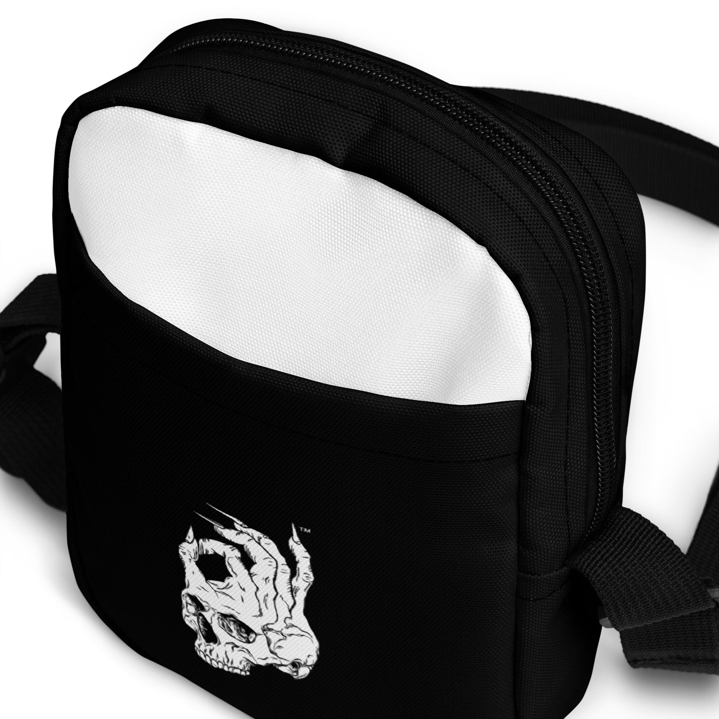 Zoomed in front view of Hellbeing Black and white Crossbody utility bag