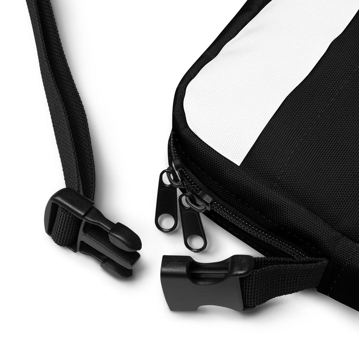 Hellbeing black and white utility crossbody bag, strap detail