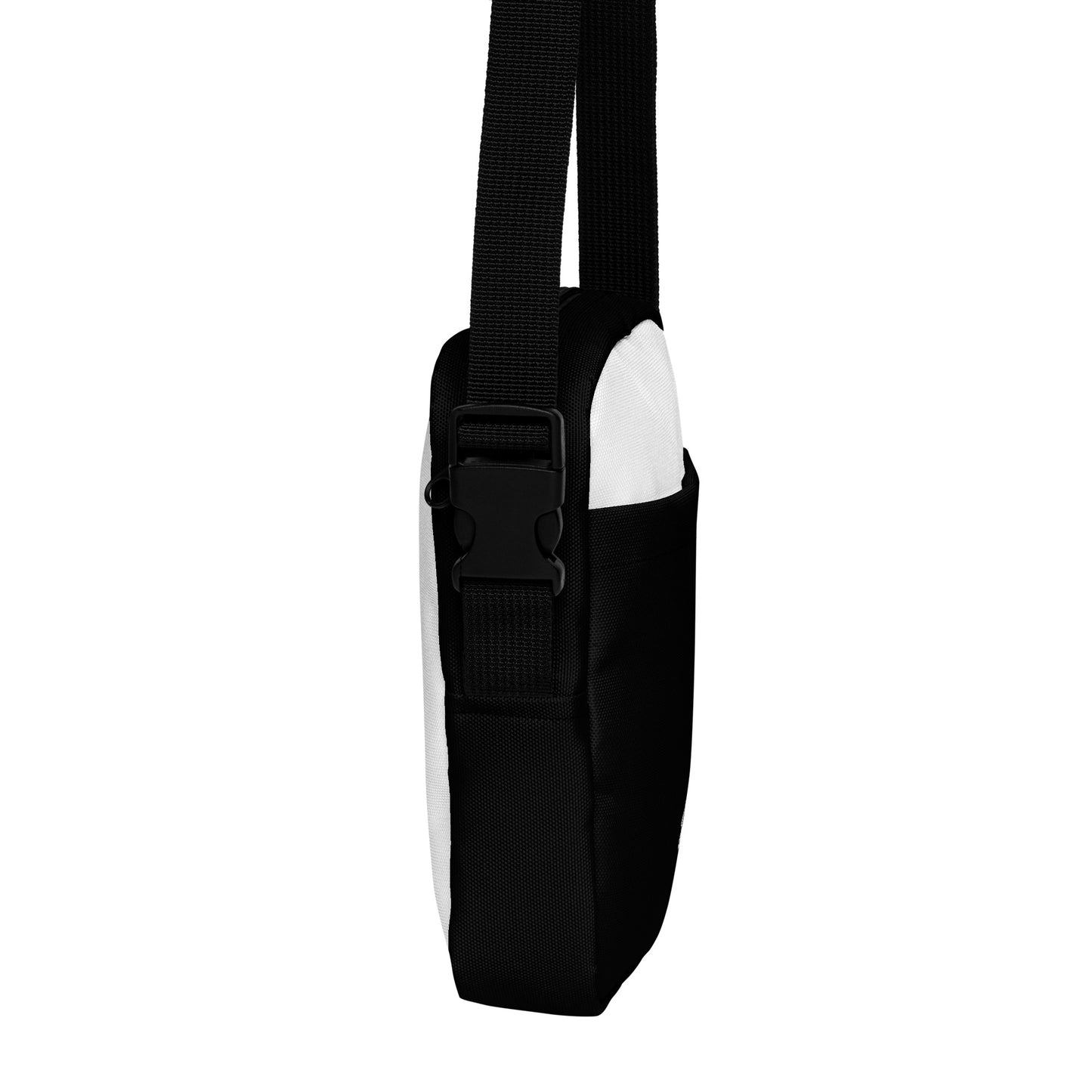Right side view of Hellbeing Black and white Crossbody utility bag