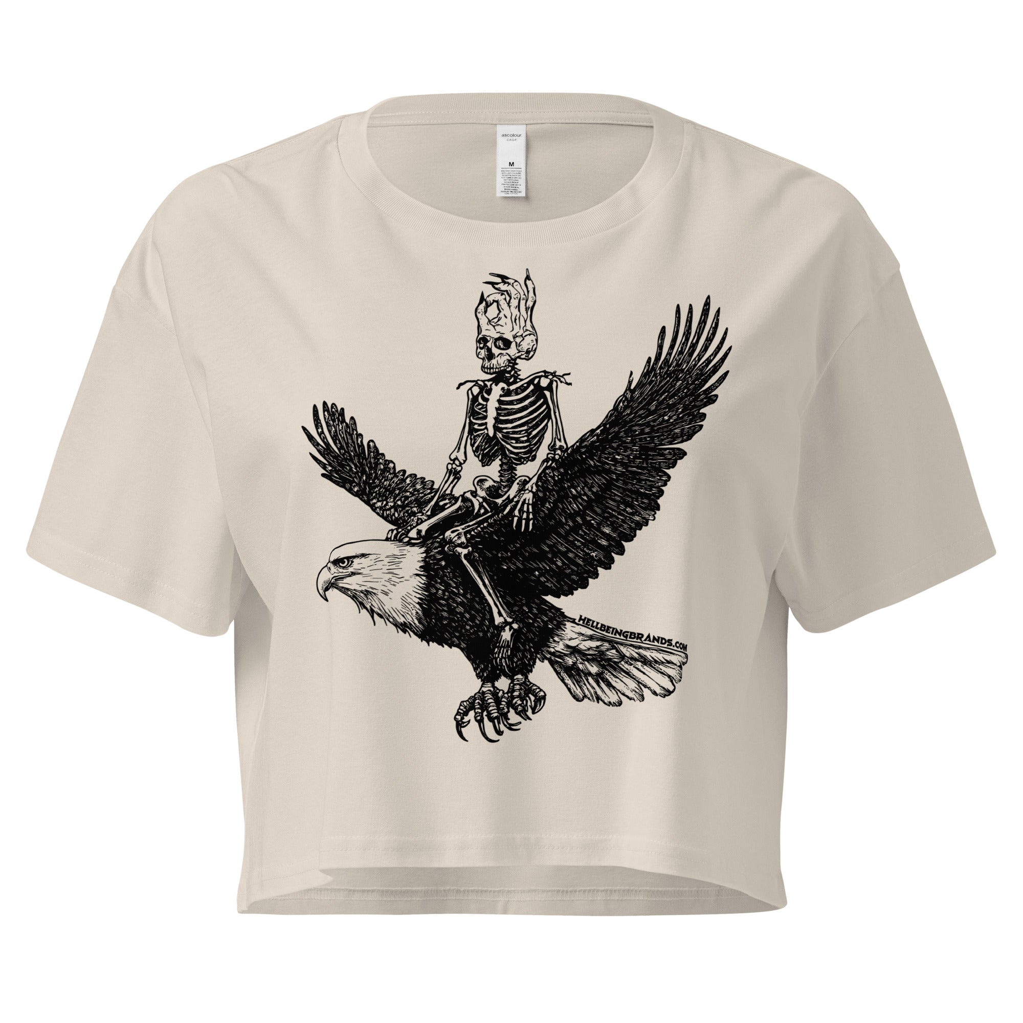 Front of off-white Hellbeing Skeleton riding an eagle women's crop-top