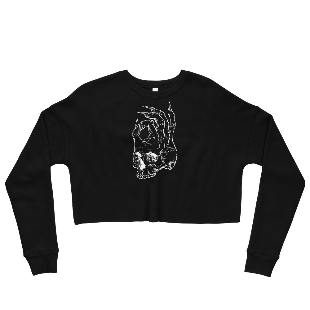 Hellbeing womens cropped skull logo black sweatshirt laying flat